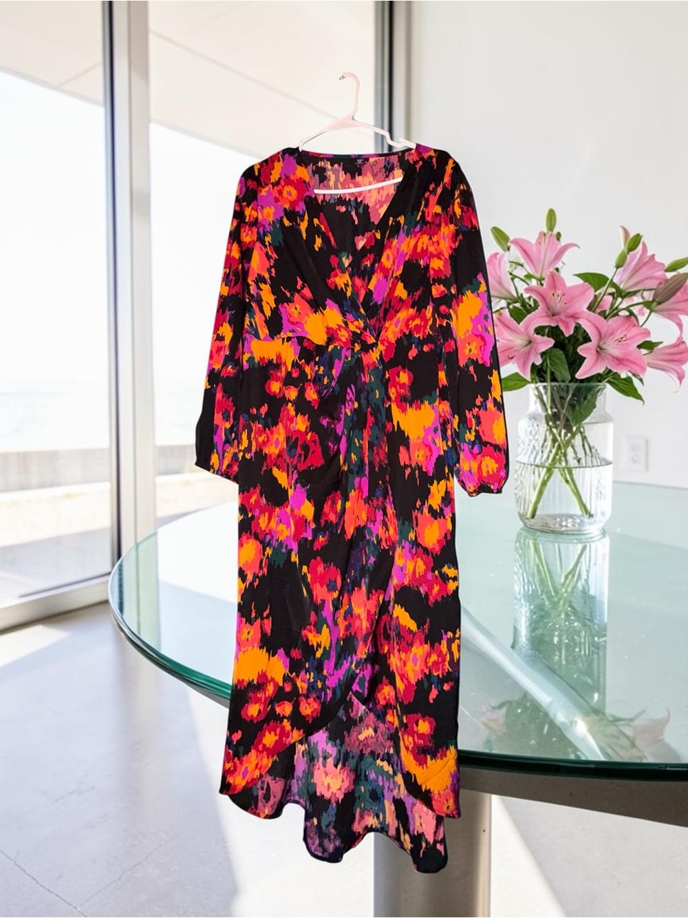 Black Long Sleeve Mock Wrap Dress with Floral Print from Shein - Picture 3 of 5